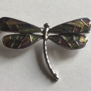 Vintage Enamel Dragonfly Brooch Pin Silver Tone